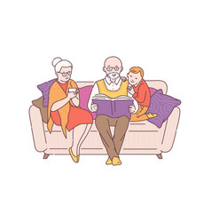 Grandparents And Grandson Reading A Book Cartoon