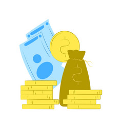 Stack Of Gold Coins Next To Money Bag And Banknote