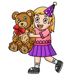 Birthday Girl Holding Teddy Bear Cartoon Clipart