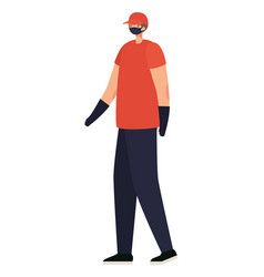 Delivery Man With Safety Mask And Red Shirt