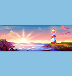 Island Sea Coast With Lighthouse On Sunset