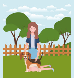 Young Woman With Cute Dog In Field