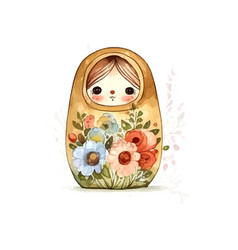 Watercolor Russia Matryoshka Doll Flowers Russian