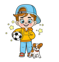 Cute Cartoon Boy In Cap Walks With Puppy