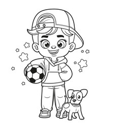 Cute Cartoon Boy In Cap Walks With Puppy