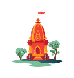 Hindu Temple With Flag And Trees Isolated