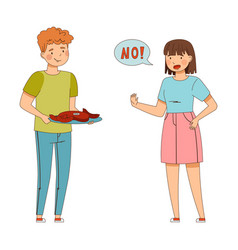 Young Woman Saying No To Male Offering Meat Plate