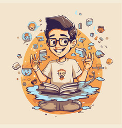 A Boy With Glasses Reading Book Cartoon Style