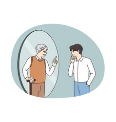 Young Man Look In Mirror Talk With Old Self