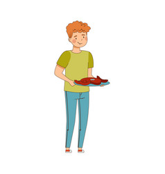 Smiling Man Holding Plate With Meat Products