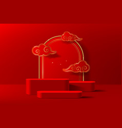 Red Chinese Podium Stage With Clouds And Gold Arch