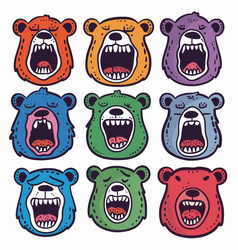 Nine Cartoon Bear Faces Roar Colorful