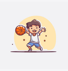 Cute Little Boy Playing Basketball In Cartoon