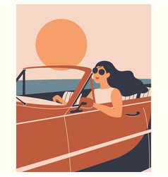 Woman Driving Vacation Cartoon Car Sunset Travel