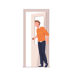 Man Character At Open Door Leaving Home Going Out