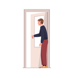 Man Character At Open Door Leaving Home Going Out