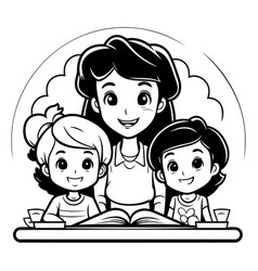 Mother And Children Reading Book Together Black