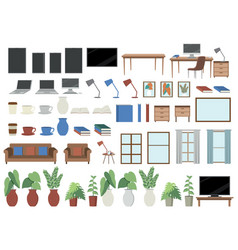 Set Of Different Furniture And Laptop With Plant