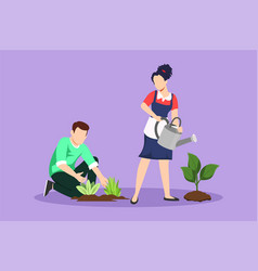 Cartoon Flat Style Draw Man Woman Gardening