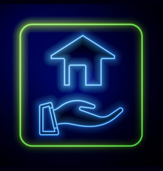 Glowing Neon Realtor Icon Isolated On Blue