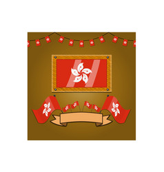 Hong Kong Flags On Frame Wood Label