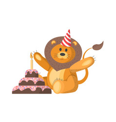 Cute Lion With Cake And A Hat Birthday On His