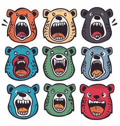 Set Nine Cartoon Bear Faces Displaying Various