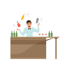 Cheerful Bartender Juggling Colorful Bottles