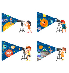 Set Of Kids Using Telescope Isolated