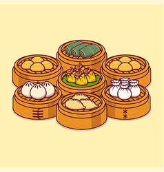 Set Of Steamed Dimsum In A Bamboo Steamer Basket