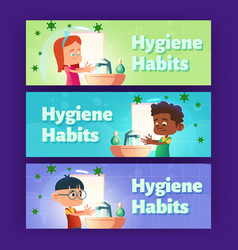 Hygiene Habits Cartoon Banners Children Wash Hand