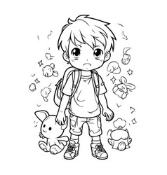 A Boy With Backpack And Cat Coloring Book