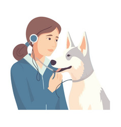 Woman And Puppy With Headphones Listening