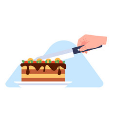 Hand Cuts Cake On Plate Arm Holding Kitchen Knife