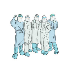 Five People In Ppe Suit With Thumbs Up Hand Drawn