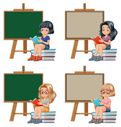 Four Cartoon Children Reading Books By Chalkboards