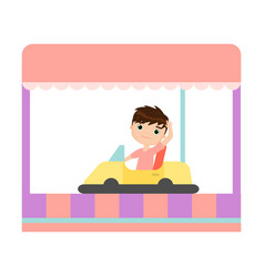 Happy Smiling Kid Is Riding A Yellow Radio Car