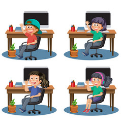 Set Of Different Kids Using Computer