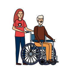 Young Woman Volunteer With Old Man In Wheelchair