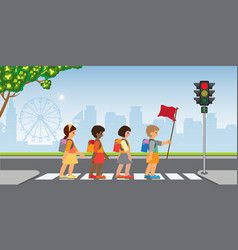 Kids Students With Backpack Walking Crossing Road