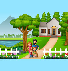 Cartoon Family In Front House Yard