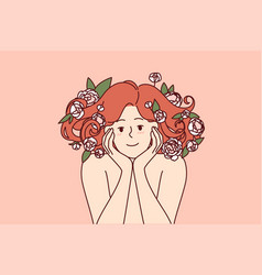 Woman With Flowers In Beautiful Lush Hair Smiles