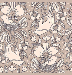 Seamless Pattern With Female Hands Nesting Birds