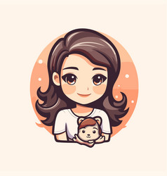 Cute Little Girl With Her Doll In Cartoon Style