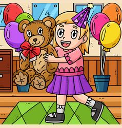 Birthday Girl Holding Teddy Bear Colored Cartoon