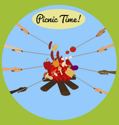 Picnic Poster With Human Hands Around Campfire