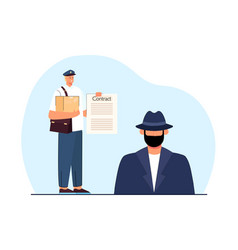 Postman Delivering Parcel To Man In Hat And Mask