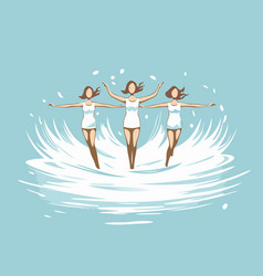 Three Girls In Swimsuits Standing On A Surfboard