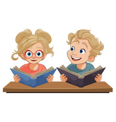 Two Cartoon Kids Reading Books With Joy