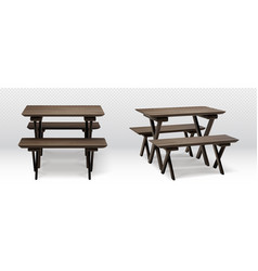 Dark Wooden Table For Picnic With Long Benches